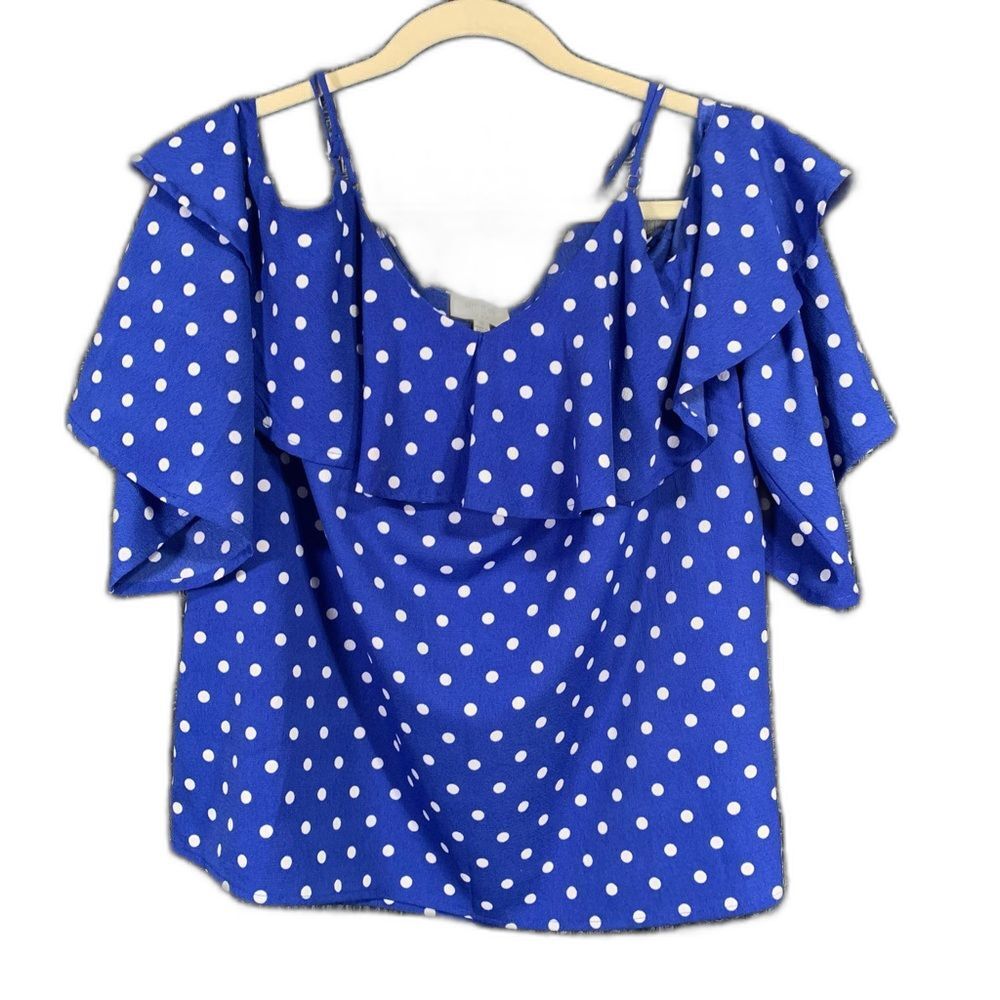 UMGEE USA Cold Shoulder Blouse Blue White Polka Dots Flutter Sleeve Medium #726
